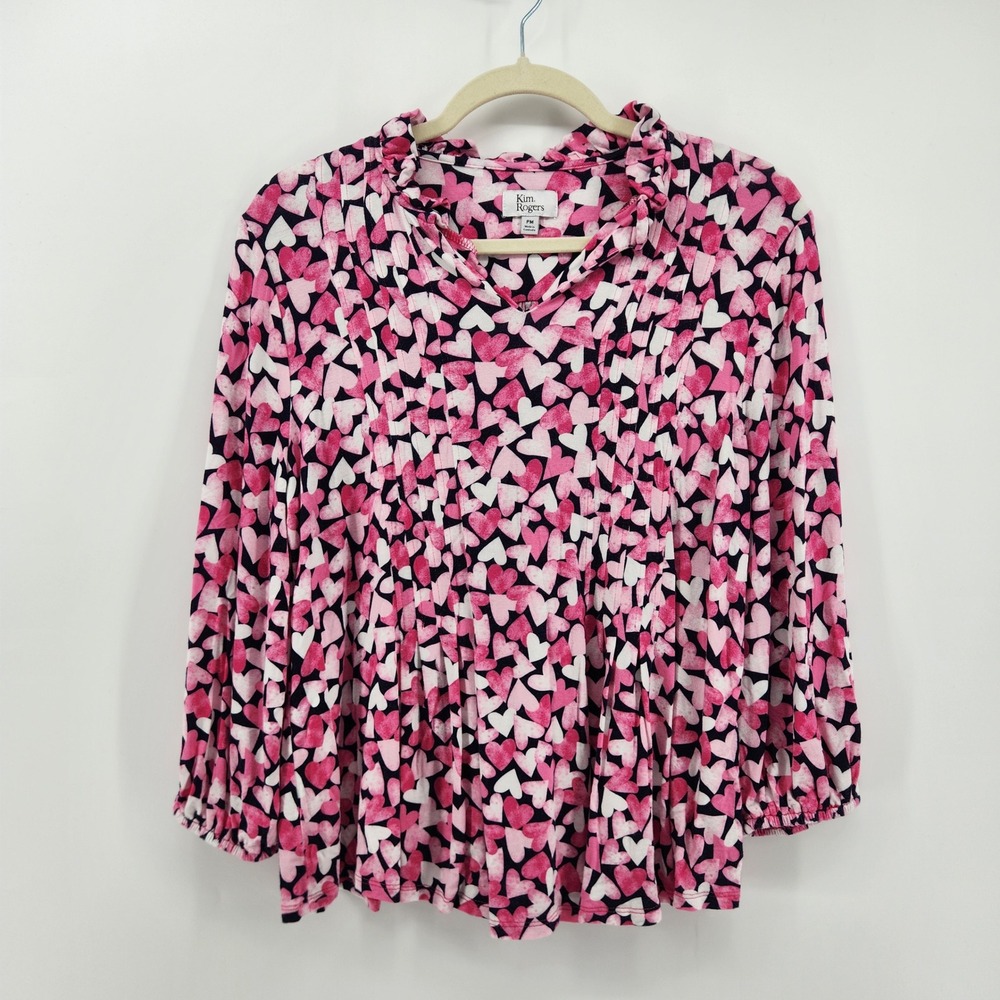 Kim Rogers Pink White Black Heart Print Ruffle Neck Long Sleeve Top Women PM